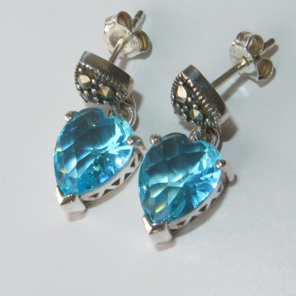 Heart Blue Topaz Sterling Silver Marcasites Post Back Earrings - Picture 5 of 15